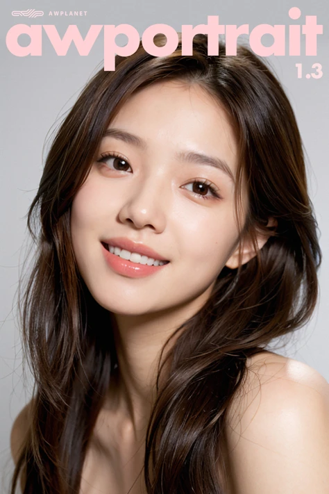 1girl,solo,smile,happy:1,long straight hair,straight bangs,look at viewers,brown eyes,looking at viewer,in studio,pure grey background,detailed skin,detailed face,studio light,parted lips,lips,bare shoulders,(black hair),(close up),messy hair,