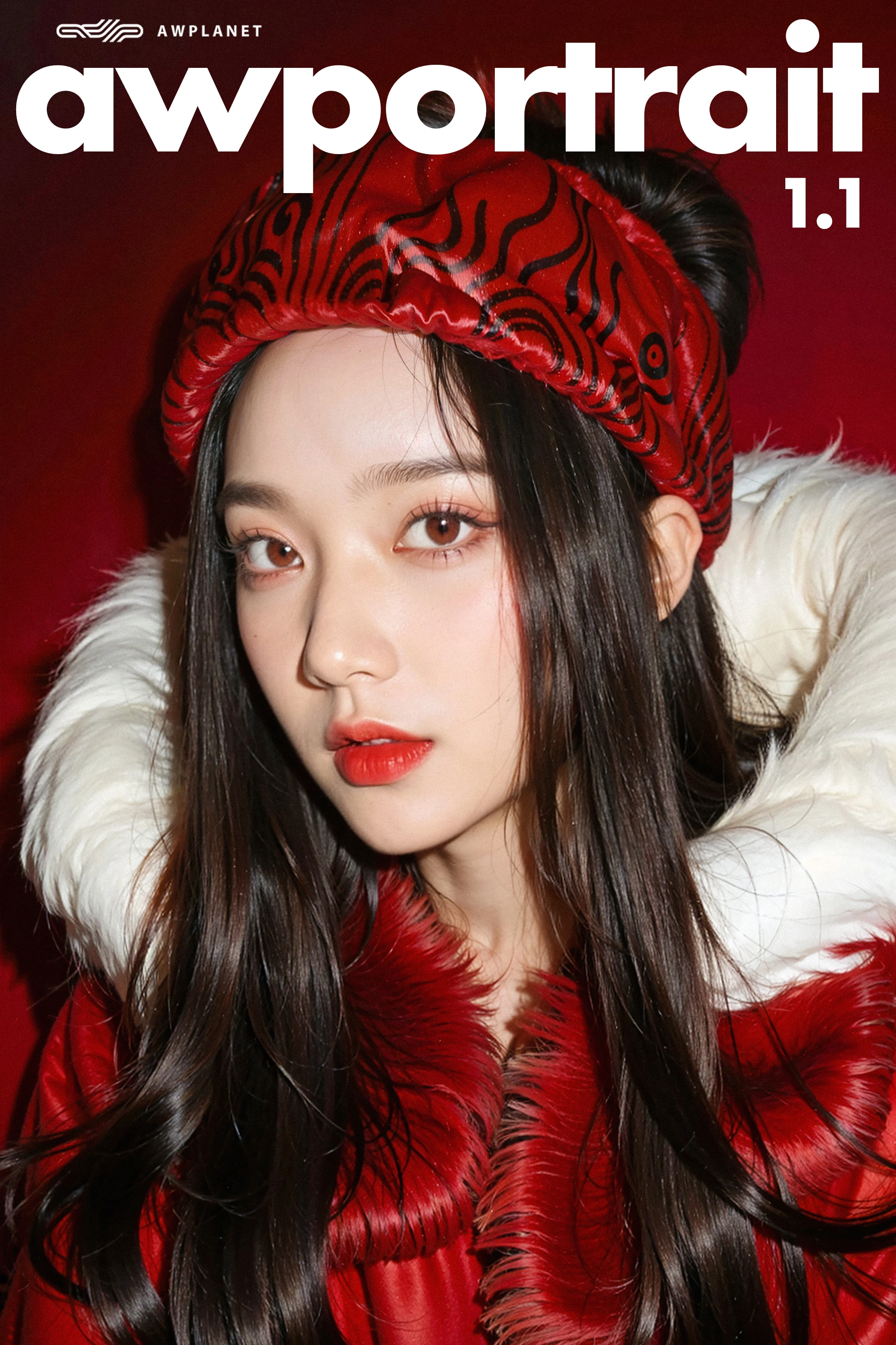 masterpiece, best quality, 1girl, red background, black hair, Long curly hair, face front, ((red fashion silk lone costume with red swirling vortexes pattern)), ((Red Plush Fur Hat)), emotional face, (close up portrait), make up, studio light, studio