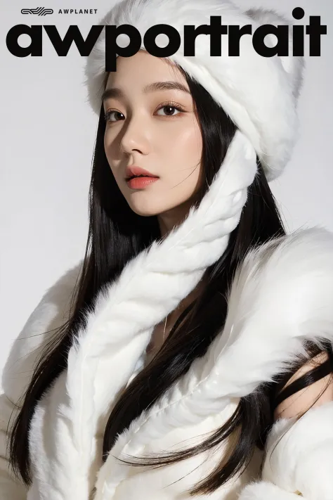 masterpiece, best quality, 1girl, white snow mountain background, black hair, Long curly hair, face front, ((white fashion hip hop plush fur jacket with white swirling vortexes pattern)), ((white plush hat)), smile, happy (close up portrait), make up, stud...