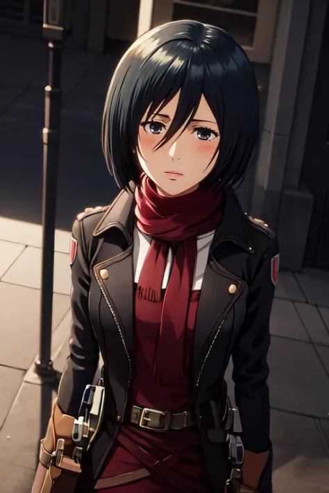 mikasa1 a woman, looking at the viewer, half body photo, at the streets, <lora:httpmikasa:1:lbw=FACES>