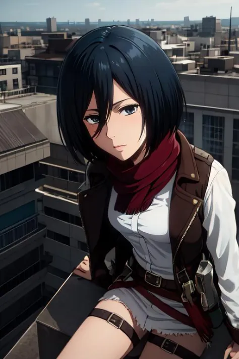 mikasa1 a woman, looking at the viewer, half body photo, at the top of a building, <lora:httpmikasa:1:lbw=FACES>