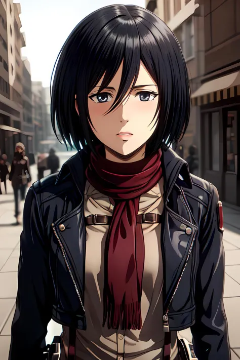 mikasa1 a woman, depth of field, (upper body:1.2), looking at the viewer, black jacket, at the streets, <lora:httpmikasa:1:lbw=FACES>