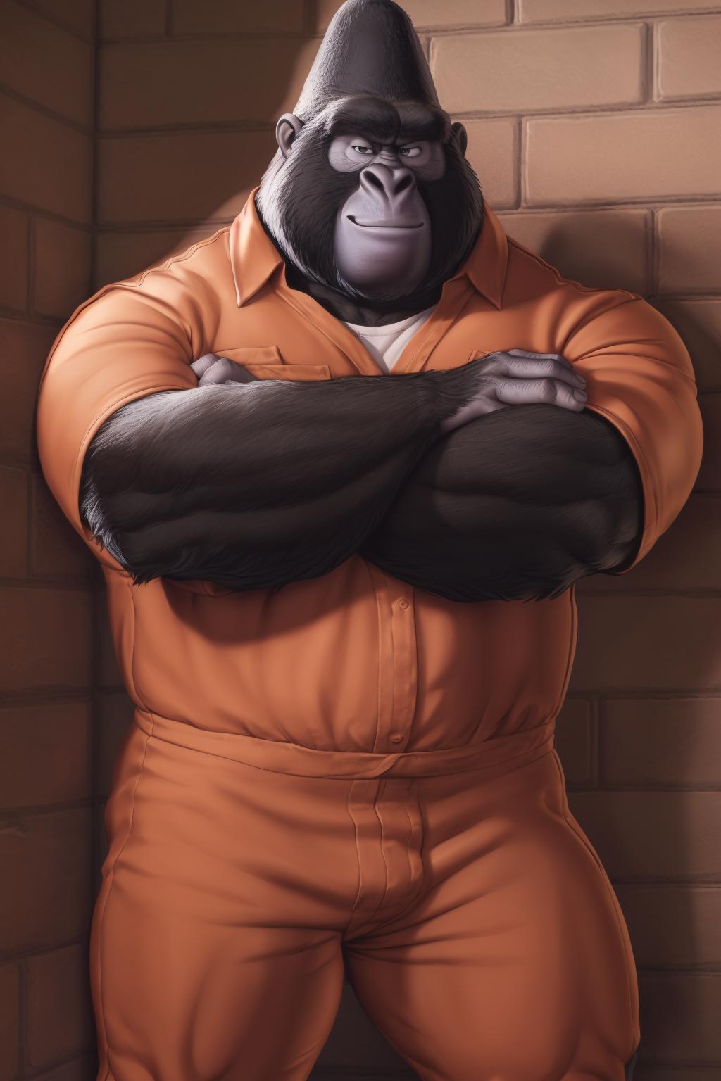 A close up of a gorilla in a prison cell with his arms crossed - SeaArt AI