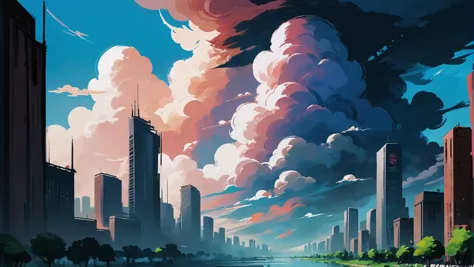 rough brushy digital painting, palette knife, sketch, anime style, a techno-optimist,great fantasy cloud megacity edge of the mu...