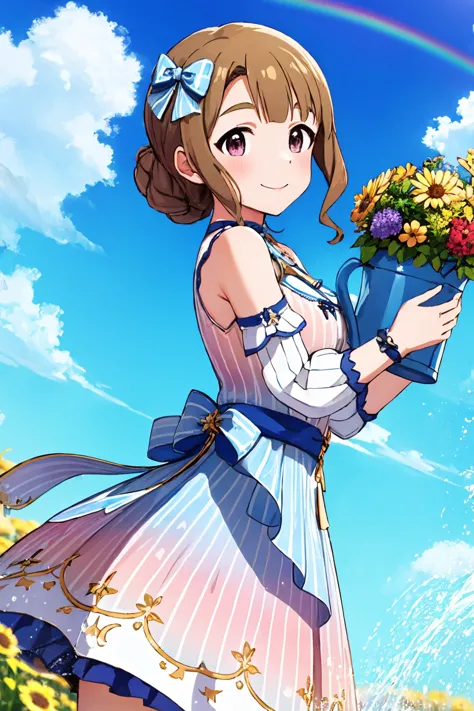 miyao miya, mugen rainbow, solo, sky, lens flare, flower, cloud, watering can, looking at viewer, smile, blue sky, cloudy sky, outdoors, day, 1girl, gradient dress, sleeveless dress, detached sleeves, puffy sleeves, two-tone dress, blue dress, pink dress, frilled dress, vertical-striped dress, sidelocks, braid, hair bow, blue bow, hair ornament, arm bow, striped bow, blue waist bow, blue choker, wristband, holding watering can <lora:miyao_miya_locon_v2:0.7>