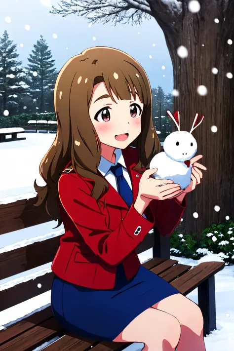 anime girl sitting on a bench holding a snowball in her hand