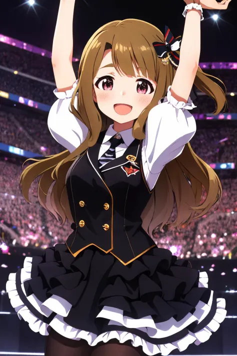 miyao miya, white shirt, puffy sleeves, striped skirt, frilled skirt, hair ornament, open mouth, hair bow, outstretched arms, short sleeves, vest, :d, black legwear, wrist cuffs, arms up, collared shirt, smile, necktie, layered skirt, 1girl, pantyhose, puffy short sleeves, blush, stage, live <lora:miyao_miya_locon:0.8> <lora:fingers4civitai:1:1:lbw=OUTALL>