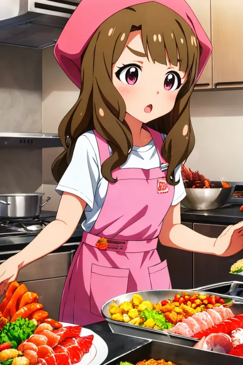 anime girl in a pink apron standing in front of a table of food