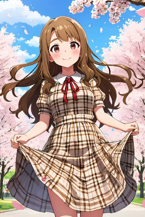 miyao miya, casual, clothes lift, skirt, skirt lift, checkered shirt, hanami, skirt hold, blush, 1girl, spring \(season\), petals, solo, skirt basket, dress lift, falling petals, cherry blossoms, checkered skirt, smile, confetti, lifted by self, plaid dress, collared dress, red ribbon, neck ribbon, plaid shirt, brown dress, puffy short sleeves, plaid skirt <lora:miyao_miya_locon_v2:0.7>