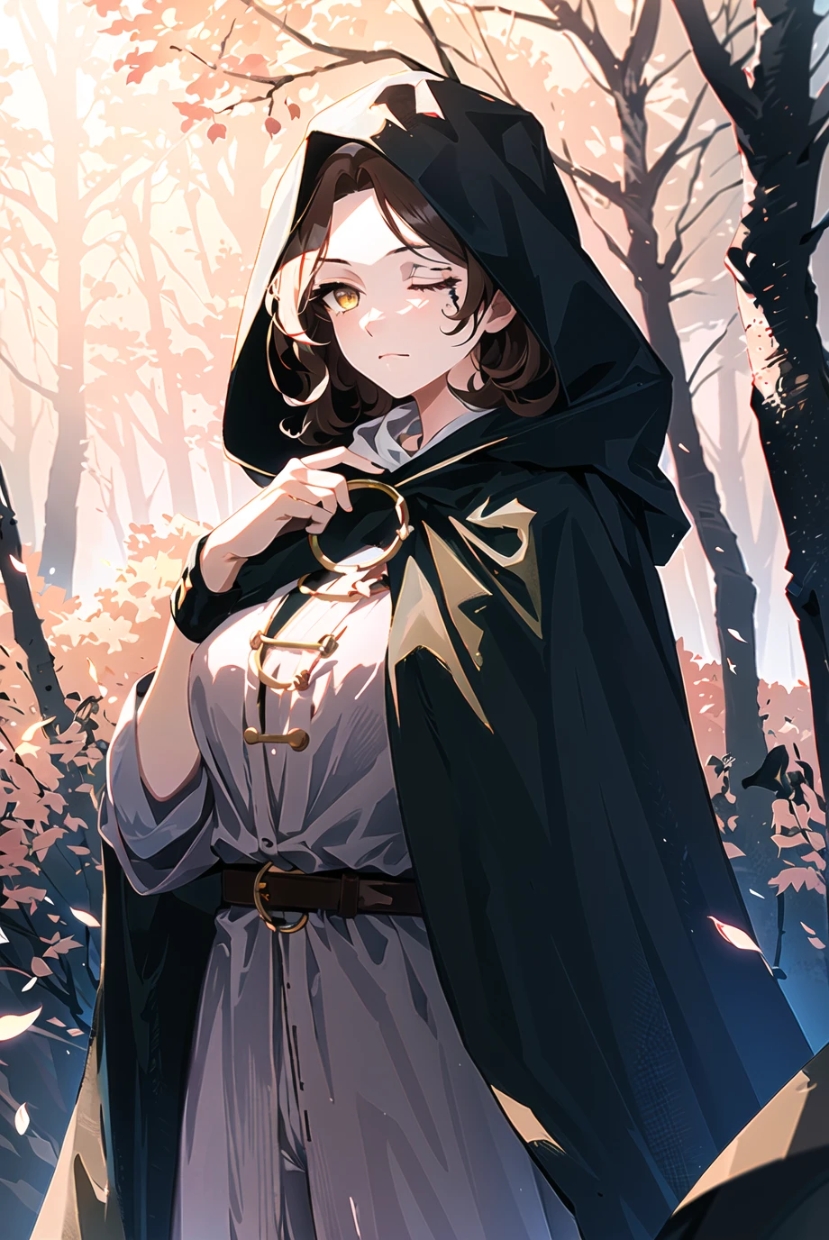 melina \(elden ring\), very detailed background, night, dark, wood, forest, trees,

1girl, black cloak, (brown hair), cape, cloak, hood, hooded cape, hooded cloak, medium hair, one-eyed, one eye closed, scar, scar across eye, solo, yellow eyes, (pink hair:0.7), facial tattoo, :|,
, ((masterpiece))

