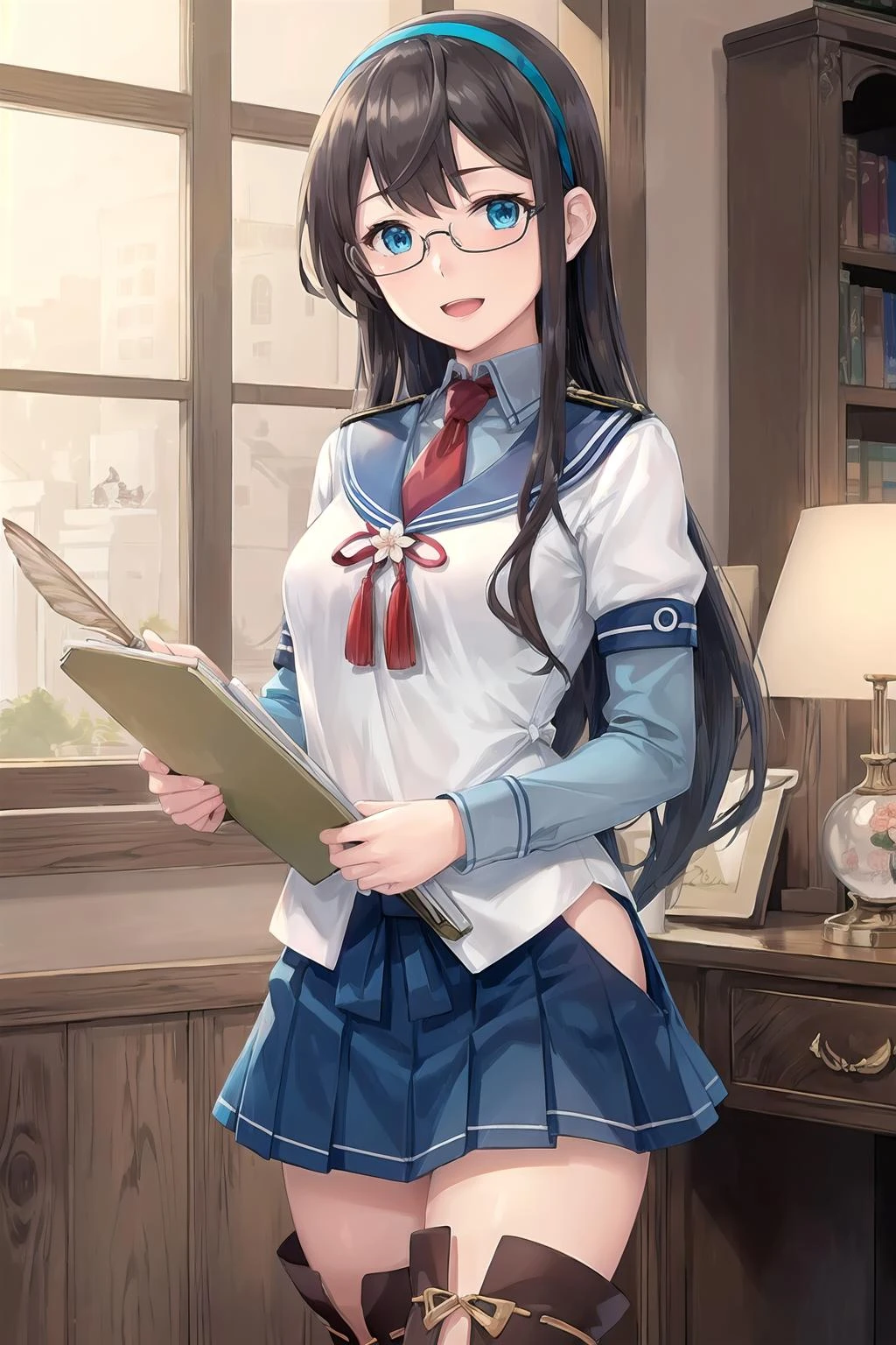 (masterpiece), (best quality), (ultra-detailed), photorealistic, (best illustration), (an extremely delicate and beautiful), 1girl, ooyodo \(kancolle\), standing, teal hairband, serafuku, blue sailor collar, short over long sleeves, semi-rimless eyewear, red necktie, :d, red bow, flower ornament, blue eyes, breasts, blue skirt, hip vent, thigh boots, ribbon-trimmed legwear, single sidelock on right, asymmetric hair, holding clipboard, quill, detailed indoor scenery, bookshelf, wooden desk, gold lamp, finely detailed iris