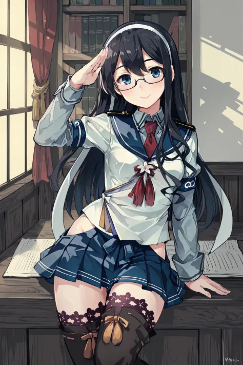 (masterpiece), (best quality), (ultra-detailed), photorealistic, (best illustration), (an extremely delicate and beautiful), 1girl, solo, ooyodo \(kancolle\), blue skirt, serafuku, blue sailor collar, red necktie, short over long sleeves, long sleeves, (red bow), red ribbon, (flower ornament:0.8), semi-rimless eyewear, long hair, black hair, white hairband, ((white ribbon)), hip vent, thigh boots, ribbon-trimmed legwear, (lace-trimmed legwear), detailed indoors military library, smile, (salute), window, (blue sky), blue eyes, thighighs,