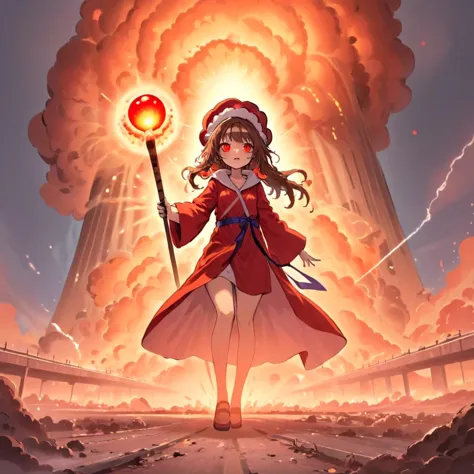 a girl in a red coat holding a wand and a red ball