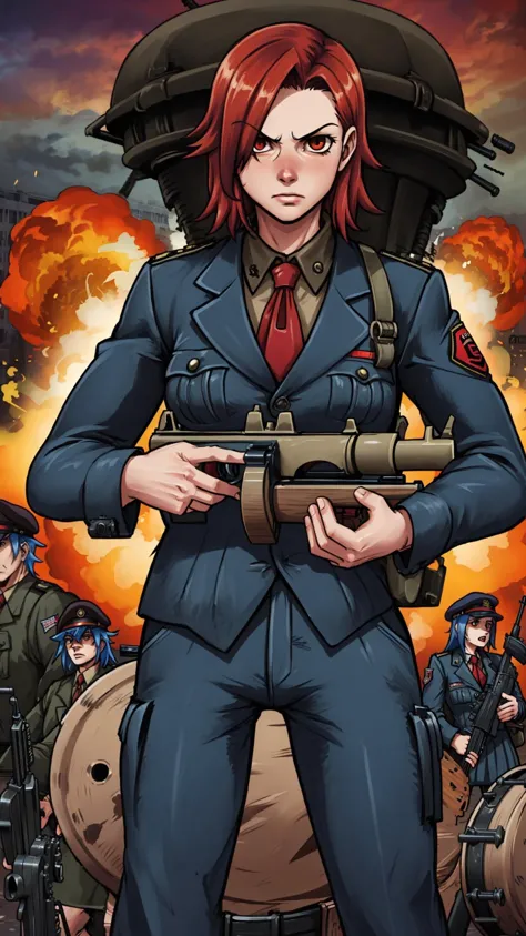 a cartoon picture of a woman in uniform holding a gun