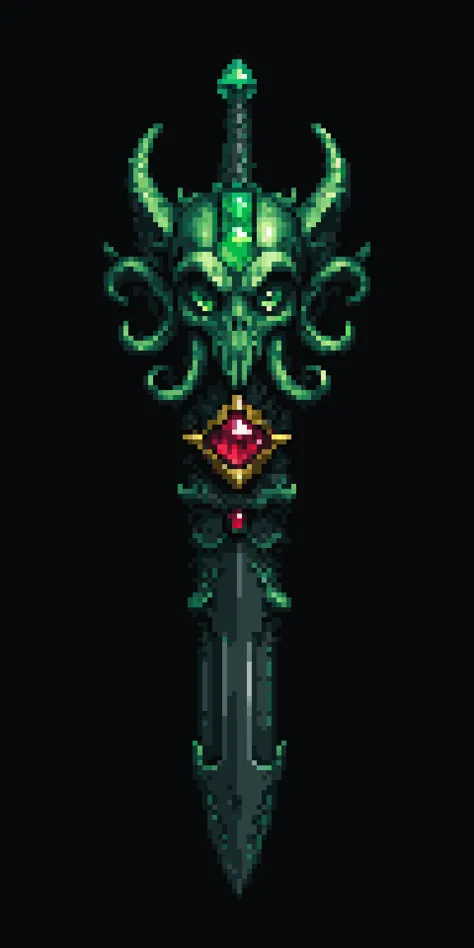 pixel art, cartoon illustration, green sword, lovecraft, Cthulhu, ruby gem eyes, simple black background, game icon <lora:game_icon_diablo_style_SDXL:0.4> <lora:pixel-art-sdxl-v11:0.8>