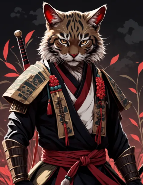 (drawing:1.3),a samurai cat, battlefield, (anime art), 2d, colorful, dark atmosphere, undefined