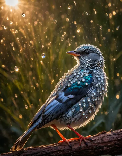 there is a bird that is sitting on a branch in the rain