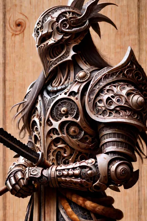 a close up of a drawing of a man with a sword, by Yang Buzhi, mecha plate armor, sleek armor, intricate organic painting, graphic artist magali villeneuve, from three kingdoms, brutalist shiro, side profile artwork, 2 0 7 7, genji, gujian, greg rutkowski and krenz cushart, antique painting <lora:Da_Vinci:0.8> Biomech, ink drawing, anatomical, Da_Vinci, vitruvian <lora:woodfigurez:1> woodfigurez