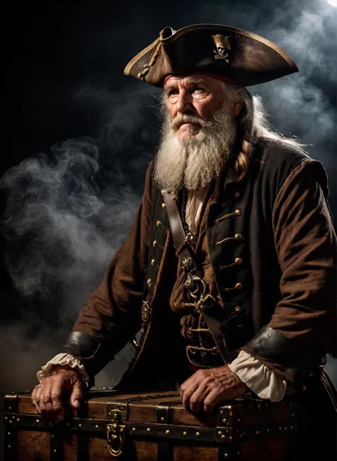 photo of old pirate man, beard, fog, dark atmosphere, night, close up, sitting on a treasure chest, (Highest Quality, 4k, masterpiece, Amazing Details:1.1), film grain, Fujifilm XT3, photography,