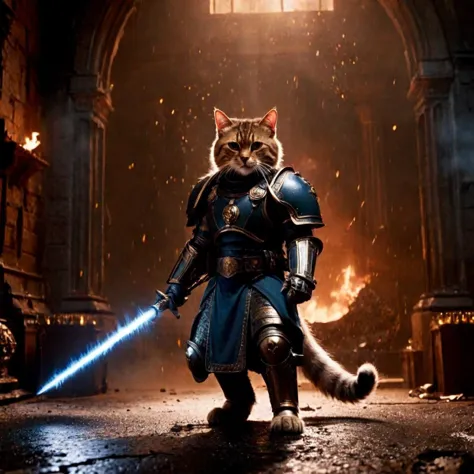 movie still, movie by Ridley Scott, warhammer 40 000, grimdark, adeptus Astartes tabby cat, he is wiedling an energy sword sparkling with electric energy, 80sdarkfantasy, epic, matte painting, film grain