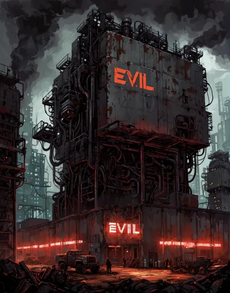 a painting of a city with a giant building with a evil sign