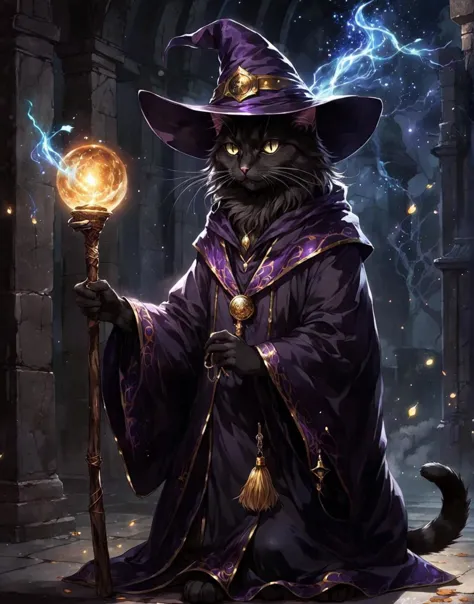 a black cat dressed in a purple robe and a purple hat holding a wand