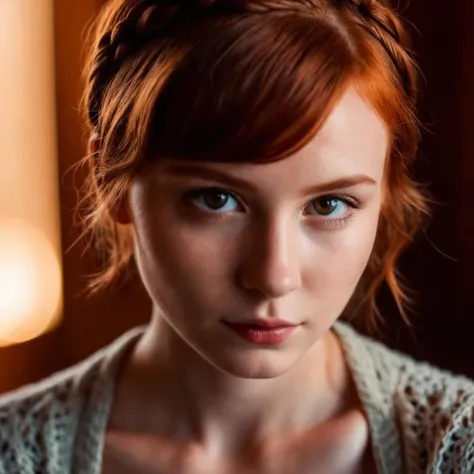 photo of 18 y.o woman, perfect eyes, short red hair, braid, looks at viewer, cinematic shot, hard shadows, RAW candid cinema, 16mm, color graded portra 400 film, remarkable color, ultra realistic, textured skin, remarkable detailed pupils, realistic dull skin noise, visible skin detail, skin fuzz, dry skin, shot with cinematic camera, high quality photography, 3 point lighting, flash with softbox, 4k, Canon EOS R3, hdr, smooth, sharp focus, high resolution, award winning photo, 80mm, f2.8, bokeh