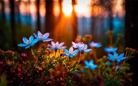 (macro photo), a flowers with a ethereal complex colors,(a mesmerizing bioluminescent forest), colorful, natural sunlight,