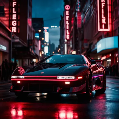 a red car is parked on the street in front of a neon sign