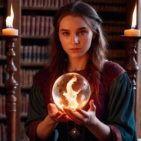 cinematic film still, a mage woman, 20 years old, holding a magic fire glass orb, old library