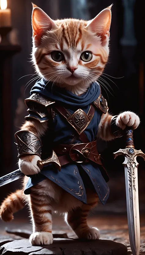 there is a cat that is dressed in armor and holding a sword