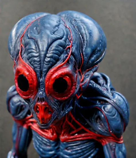 a close up of a toy alien with a red and blue face