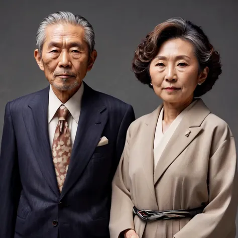 arafed asian couple posing for a portrait in a studio