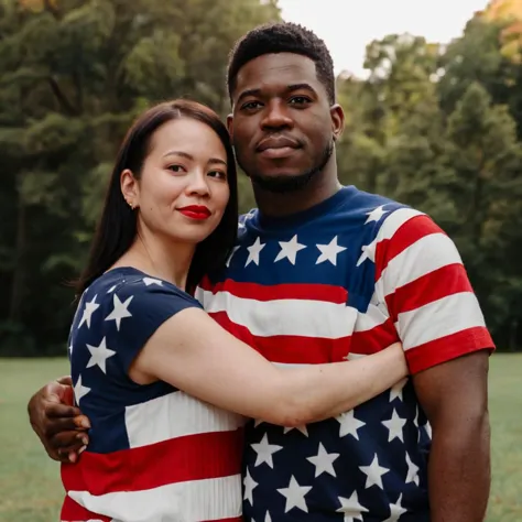 a man and woman hugging each other in a field with trees in the background