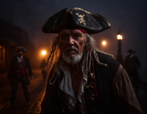 photo of old pirate, fog, dark atmosphere, night, close up, cinematic shot, hard shadows, Fujifilm XT3