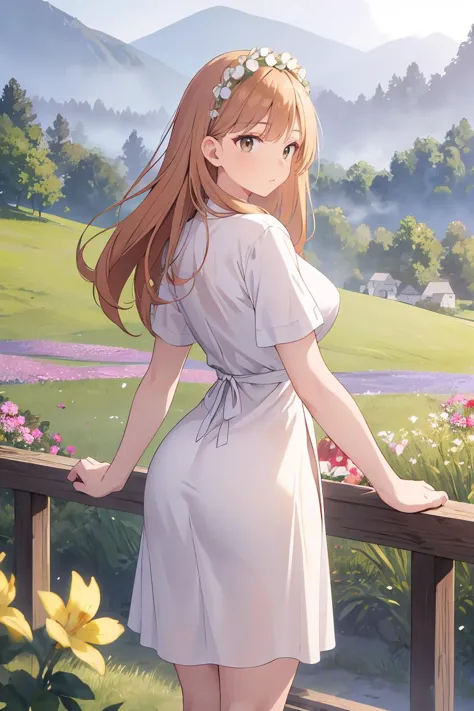 a woman in a white dress standing on a wooden fence