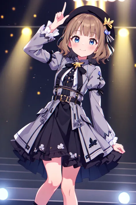 suou momoko, proud-of-stage, bowtie, grey dress, shoes, short hair, black bow, grey shirt, black footwear, hand up, wavy hair, b...