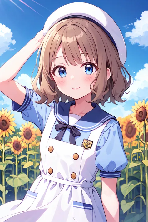 anime girl in a sunflower field with a hat on