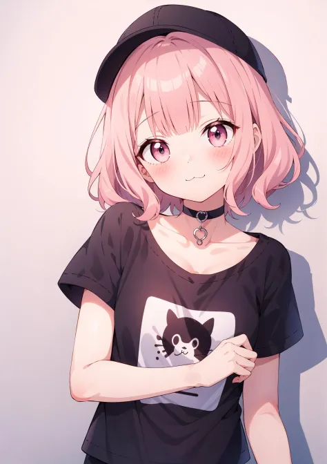 (solo:1.2),cute girl,(pink short hair),(casual wavy hair:1.3), blunt bangs,blush,head tilt,:3,upper body,black cap,oversized bla...