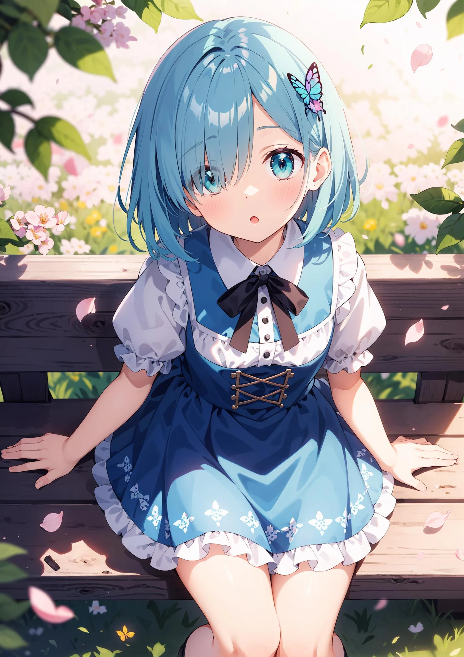 ((solo:1.2)),cute girl sitting on bench in garden,frilled dirndl,from above,looking up,cobblestone pavement,aqua hair,fine bob cut,(hair over one eye),(dappled sunlight:1.2),blurry,(depth of field:1.1),head tilt,:o,(petals),tree,butterfly