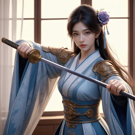 nvjianke, 1girl, weapon, solo, sword, hair ornament, holding, jewelry, long hair, holding weapon, earrings, holding sword, looking at viewer, flower, long sleeves, wide sleeves, sash, tassel, brown hair, window, chinese clothes, closed mouth, armor, sheath, backlighting, hair flower, upper body, indoors, shoulder armor, lips, realistic, rose
Best quality,masterpiece,ultra high res,<lora:20240301-1709278215417-0020:0.7>,