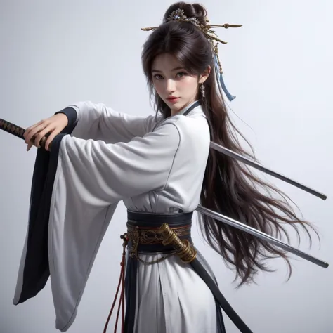 nvjianke,1girl,weapon,sword,solo,long hair,holding,holding weapon,hair ornament,holding sword,wide sleeves,realistic,sash,chinese clothes,simple background,upper body,hanfu,long sleeves,brown eyes,hair bun,black hair,white background,closed mouth,looking away,brown hair,single hair bun,lips,
Best quality,masterpiece,ultra high res,<lora:20240301-1709278215417-0020:0.7>,