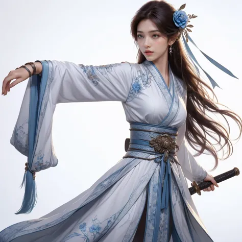 a close up of a woman in a blue and white dress holding a sword