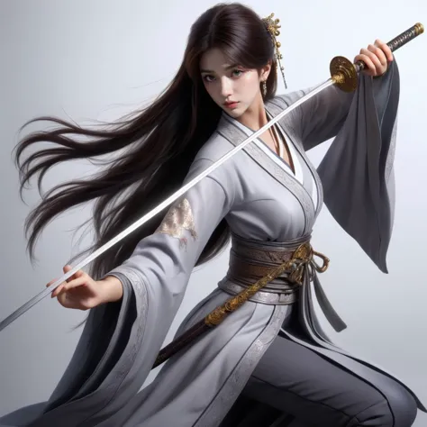 a woman in a gray kimono holding a sword and a sword