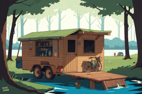 trailer, forest, lake, camp site, flat color