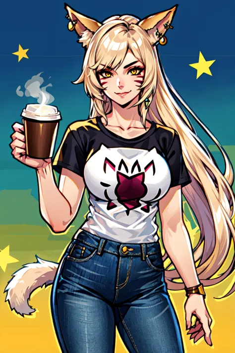 1 girl, solo, large breasts, HoldingACupofCoffee,tshirt, jeans,  Simple-Miqote