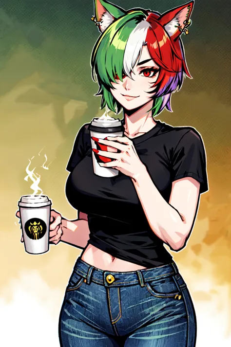 anime girl with cat ears holding a cup of coffee