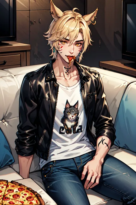 anime - style picture of a man with horns and a cat on his shirt