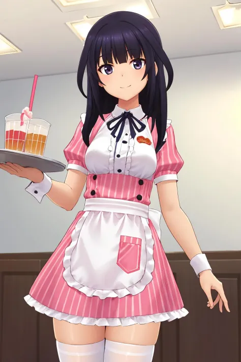 16k, highres, masterpiece, best quality, 
cinematic photo, 
 serving a cup of drink on a tray, in restaurant, smile, 
kaede-base, blunt bangs, long hair, medium breasts, 
waitress,  pink dress,  ribbon,  short sleeves, white thighhighs, zettai ryouiki, wrist cuffs, white waist apron, vertical stripes, ,
35mm photograph, film, bokeh, professional, 4k, highly detailed,