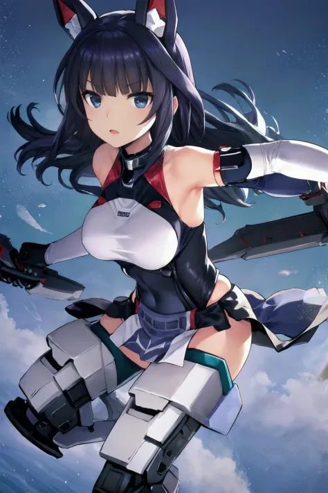 16k, highres, masterpiece, best quality, 
cinematic film still, 
science fiction,  fighting in the sky, flying, beautiful bright blue sky, in the daytime,  fisheye,
kaede-gear, blunt bangs, long hair, medium breasts, 
mecha musume, leotard, thighhighs, gloves,bare shoulders,weapon, boots, elbow gloves, headgear, fake animal ears, pelvic curtain, 
shallow depth of field, vignette, highly detailed, high budget, bokeh, cinemascope, moody, epic, gorgeous,
film grain, grainy,